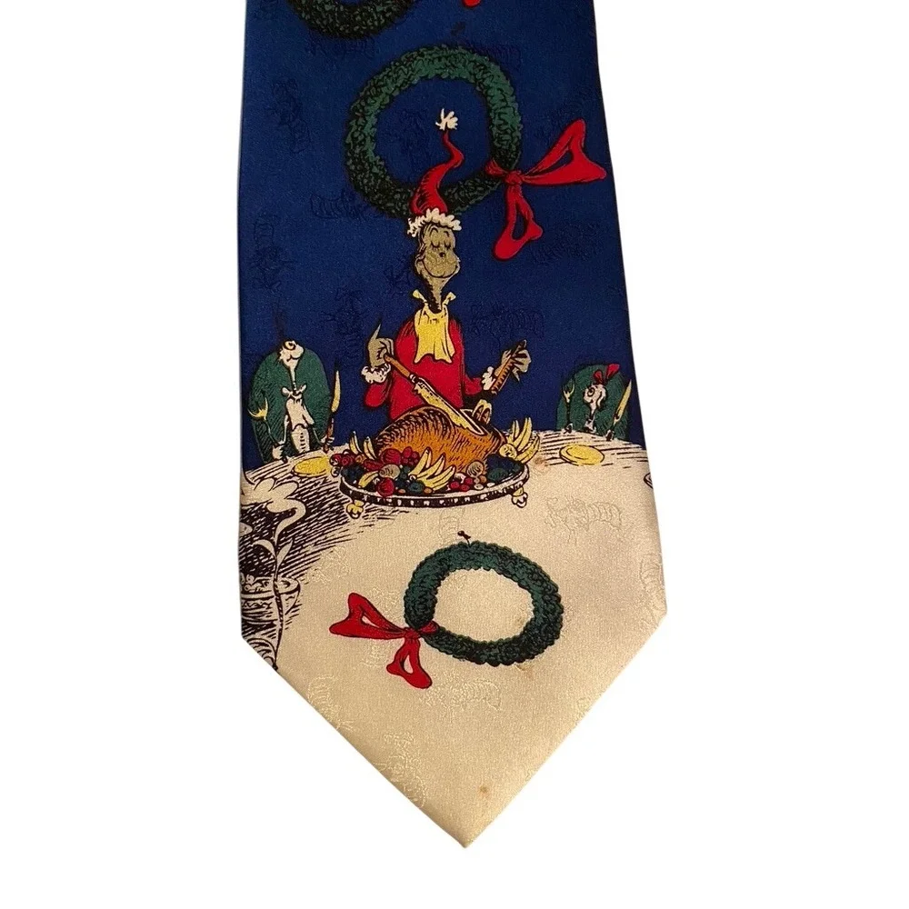 Dr. Seuss How the Grinch Stole Christmas Silk Tie Blue Holiday Roast Beast 1994
